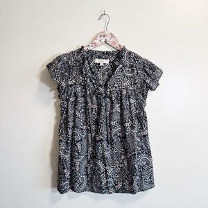 LOFT Midnight Blue Floral Flutter Sleeve Tie Blouse Top S Small